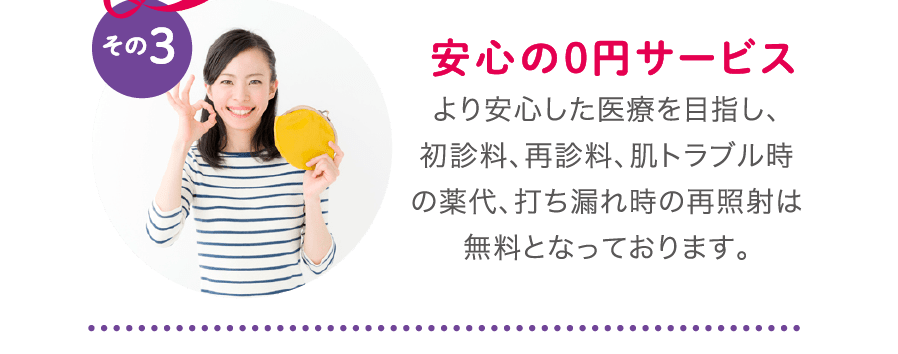 安心の０円サービス - より安心した医療を目指し、初診料、再診料、肌トラブル時の薬代、打ち漏れ時の再照射は無料となっております。